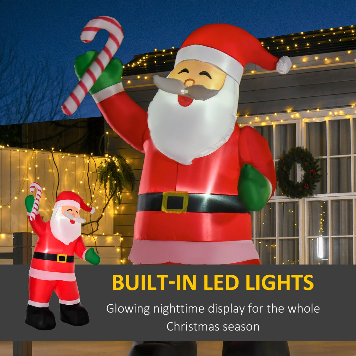 HOMCOM 8' Christmas Inflatable Santa Claus with Candy Cane, Outdoor Blow-Up Yard Decoration with LED Lights Display