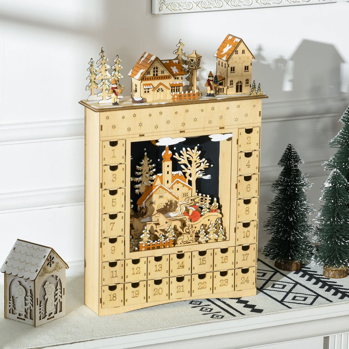 HOMCOM Christmas Advent Calendar, Light Up Wooden Holiday Decoration with 24 Drawers