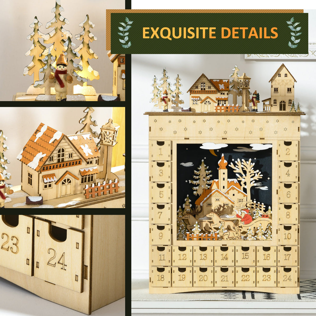 HOMCOM Christmas Advent Calendar, Light Up Wooden Holiday Decoration with 24 Drawers