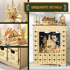 HOMCOM Christmas Advent Calendar, Light Up Wooden Holiday Decoration with 24 Drawers