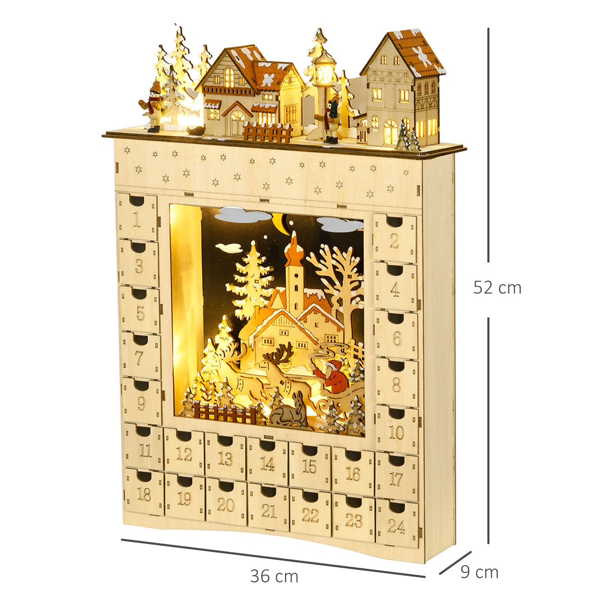 HOMCOM Christmas Advent Calendar, Light Up Wooden Holiday Decoration with 24 Drawers