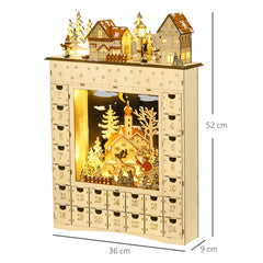 HOMCOM Christmas Advent Calendar, Light Up Wooden Holiday Decoration with 24 Drawers