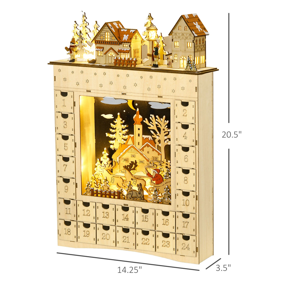 HOMCOM Christmas Advent Calendar, Light Up Wooden Holiday Decoration with 24 Drawers