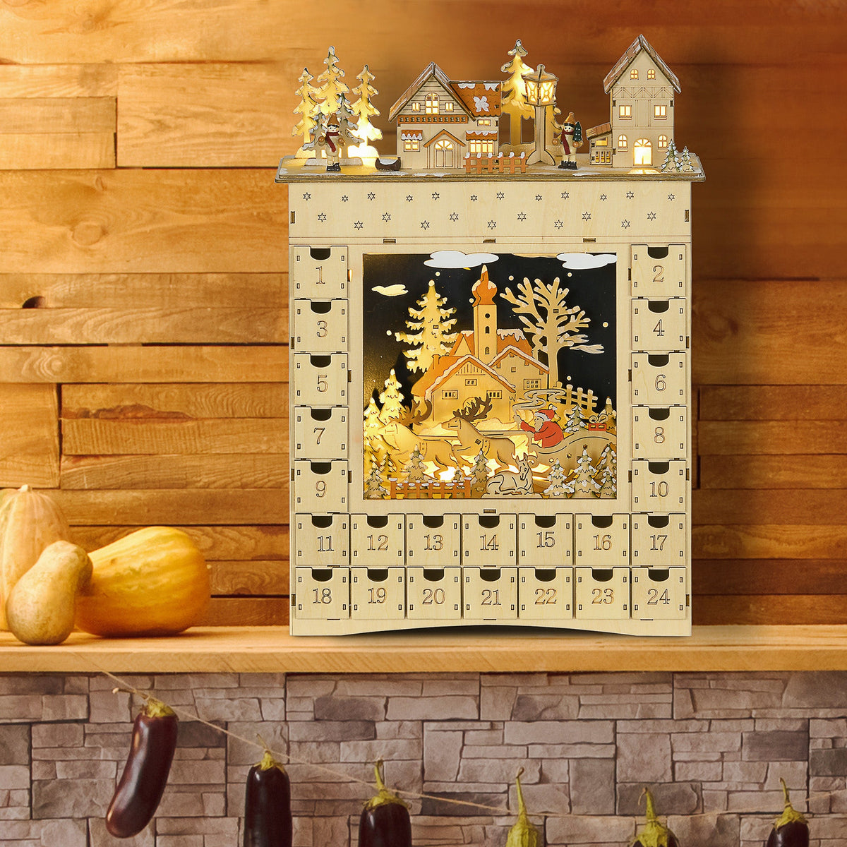 HOMCOM Christmas Advent Calendar, Light Up Wooden Holiday Decoration with 24 Drawers