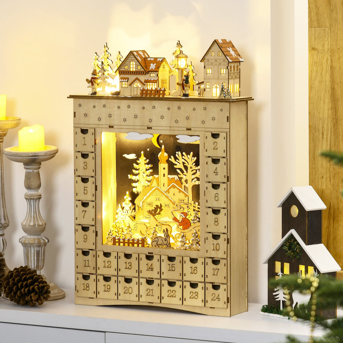 HOMCOM Christmas Advent Calendar, Light Up Wooden Holiday Decoration with 24 Drawers