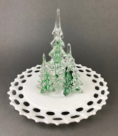 Christmas Village Accessories.  Dressed Christmas Trees by Nikko, Korea. Girl Figurine by Lefton.   Set of Two Trees and Little Girl.