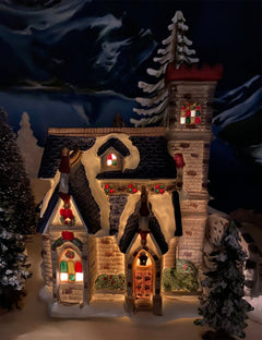 Illuminated Stoney Bridge Church by Santa's Workbench Collection. Victorian Series. Christmas Village Building. Porcelain Lighted House.