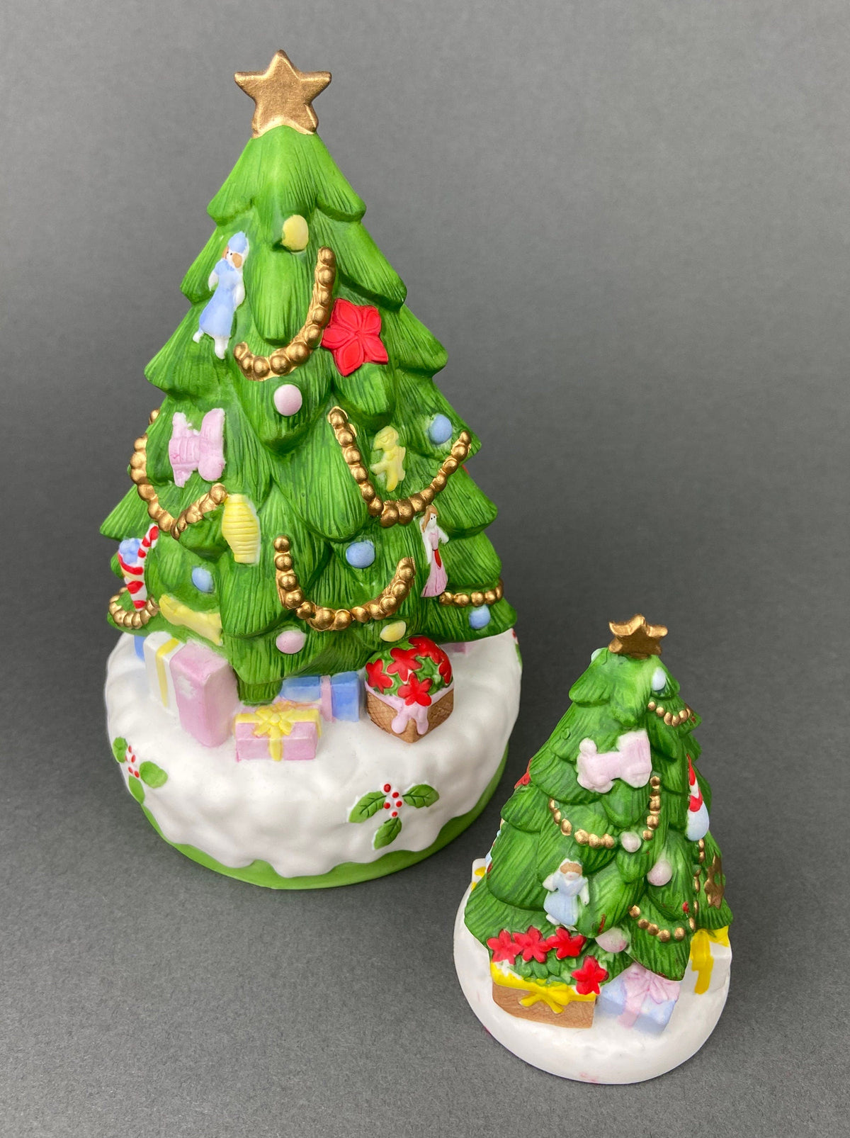 Christmas Village Accessories.  Dressed Christmas Trees by Nikko, Korea. Girl Figurine by Lefton.   Set of Two Trees and Little Girl.