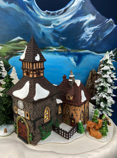 Christmas Village Cedar Valley Chapel Towne Series. Illuminated Blue Church with Stained Glass Window. Santa's Workbench. Night Light.
