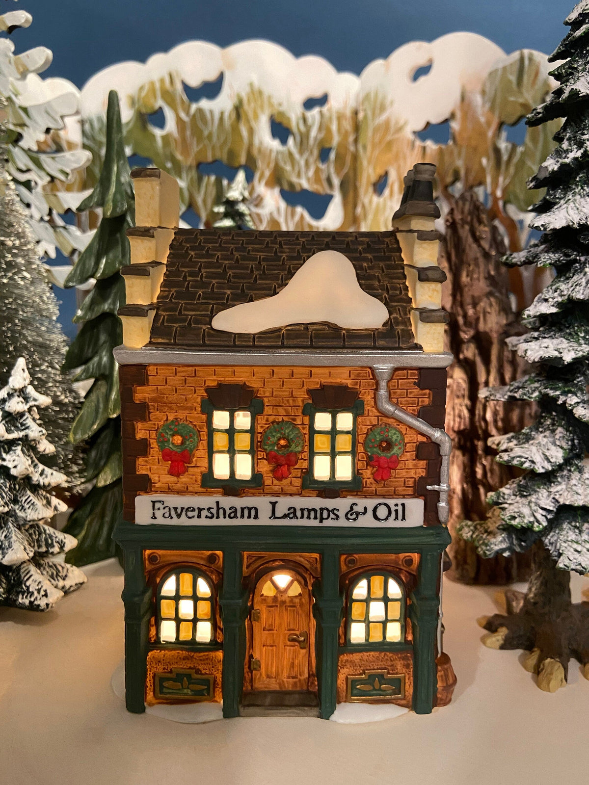 Illuminated Christmas Village House. Faversham Lamps & Oil. Wicking, Whale Coal Oil, Glass Chimneys. Dicken's Village Series.