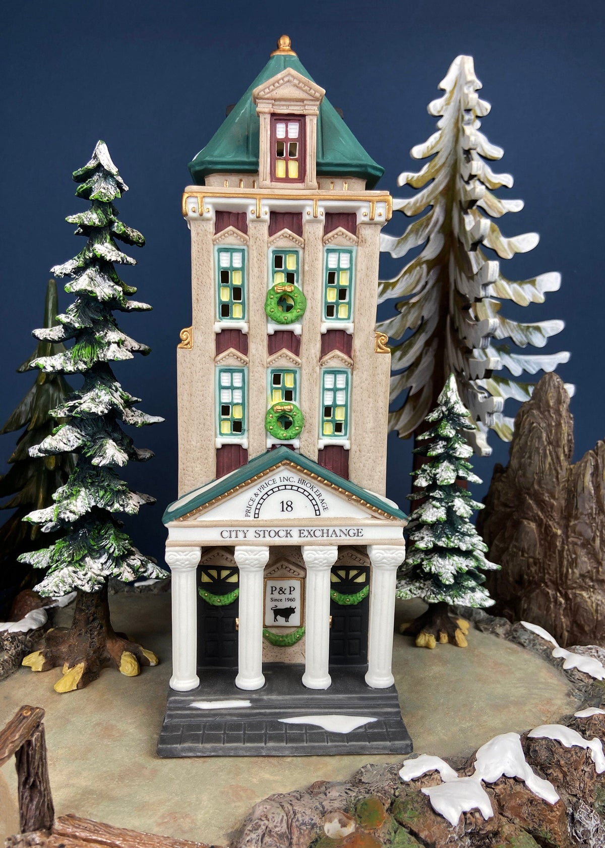 Christmas Village House. Illuminated Brokerage House/Stock Exchange. Christmas in the City Series.