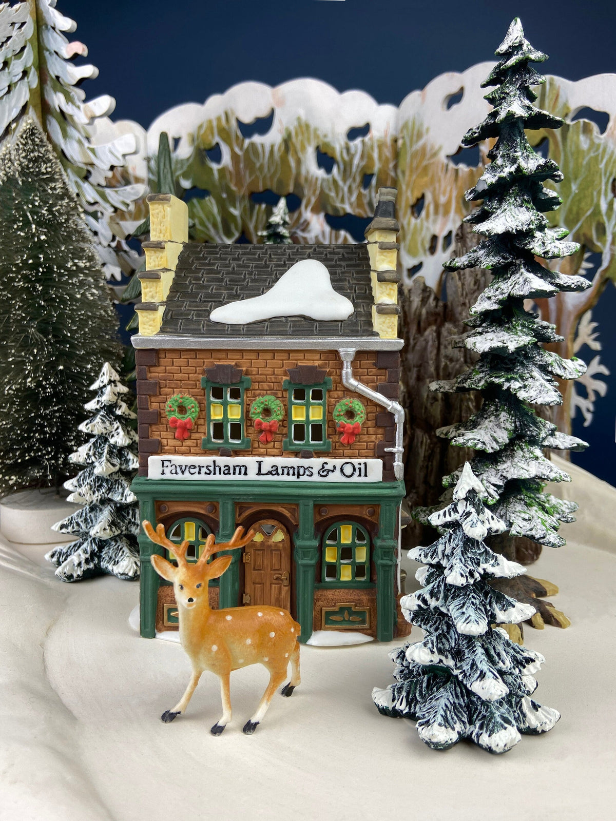Illuminated Christmas Village House. Faversham Lamps & Oil. Wicking, Whale Coal Oil, Glass Chimneys. Dicken's Village Series.