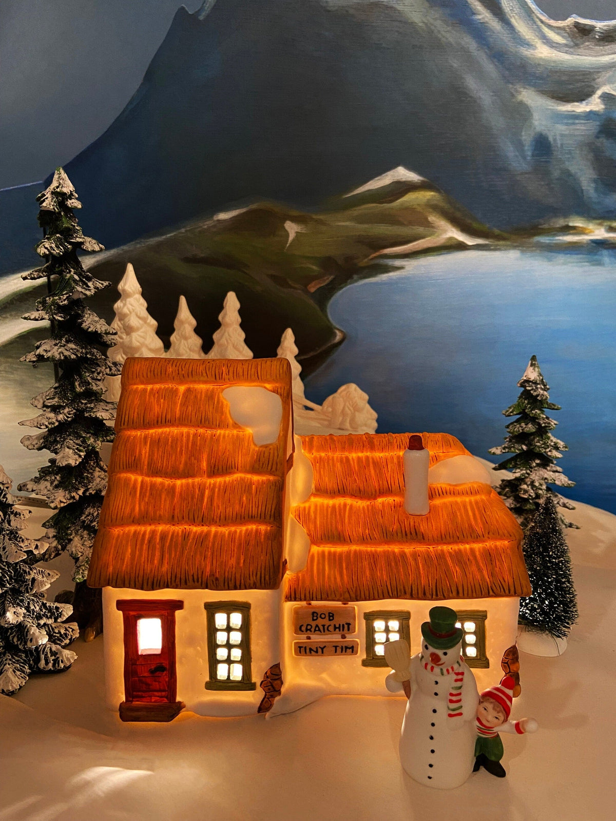 Christmas Village Accessories. Illuminated Cottage of Bob Cratchit and Tiny Tim. Dicken's Village Series.