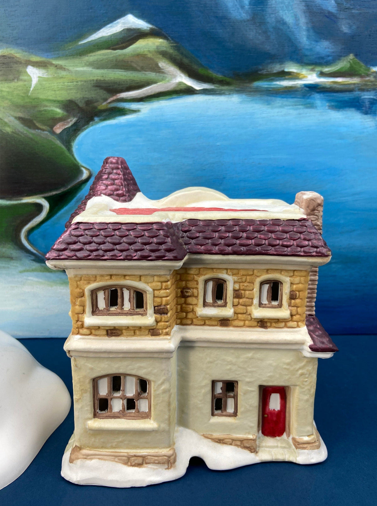 Illuminated Porcelain House. Medium-Sized Rustic Brick House with Red Roof for Christmas Village. Holiday Accessory. Traditional Home Decor