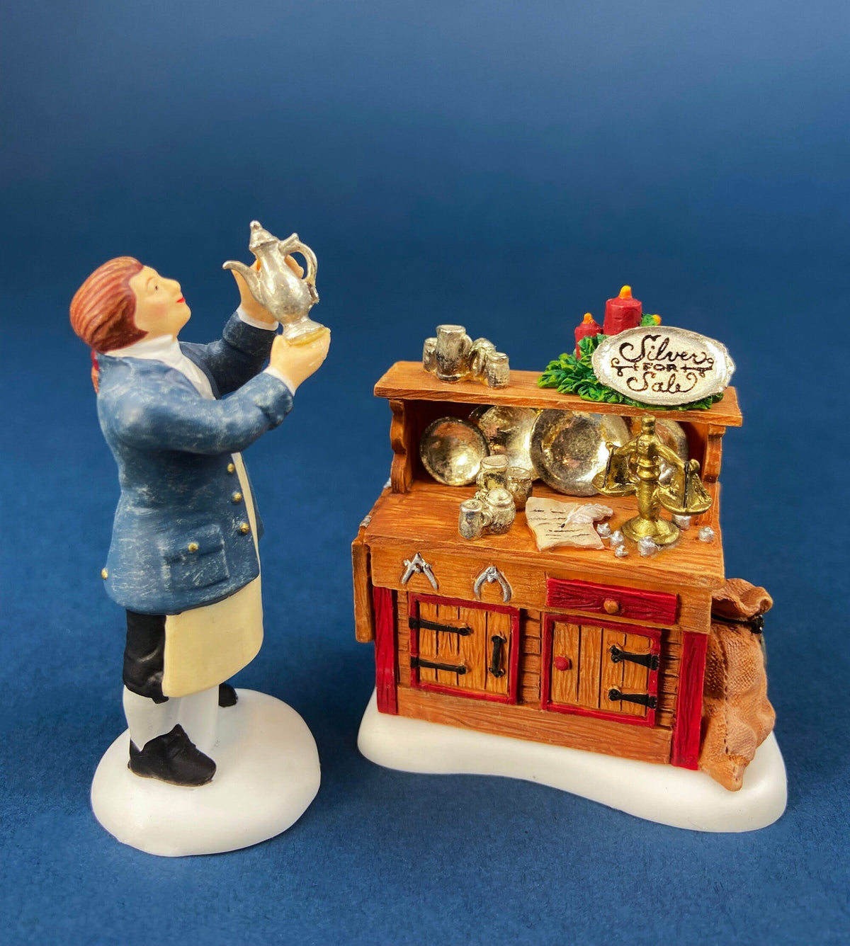 Figurines. Silver for Sale. Christmas Village Accessories. Silverware Vendor & Cabinet with Silver. New England Village Series.