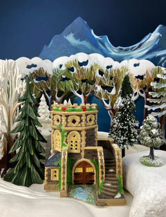 Christmas Village Cedar Valley Chapel Towne Series. Illuminated Blue Church with Stained Glass Window. Santa's Workbench. Night Light.