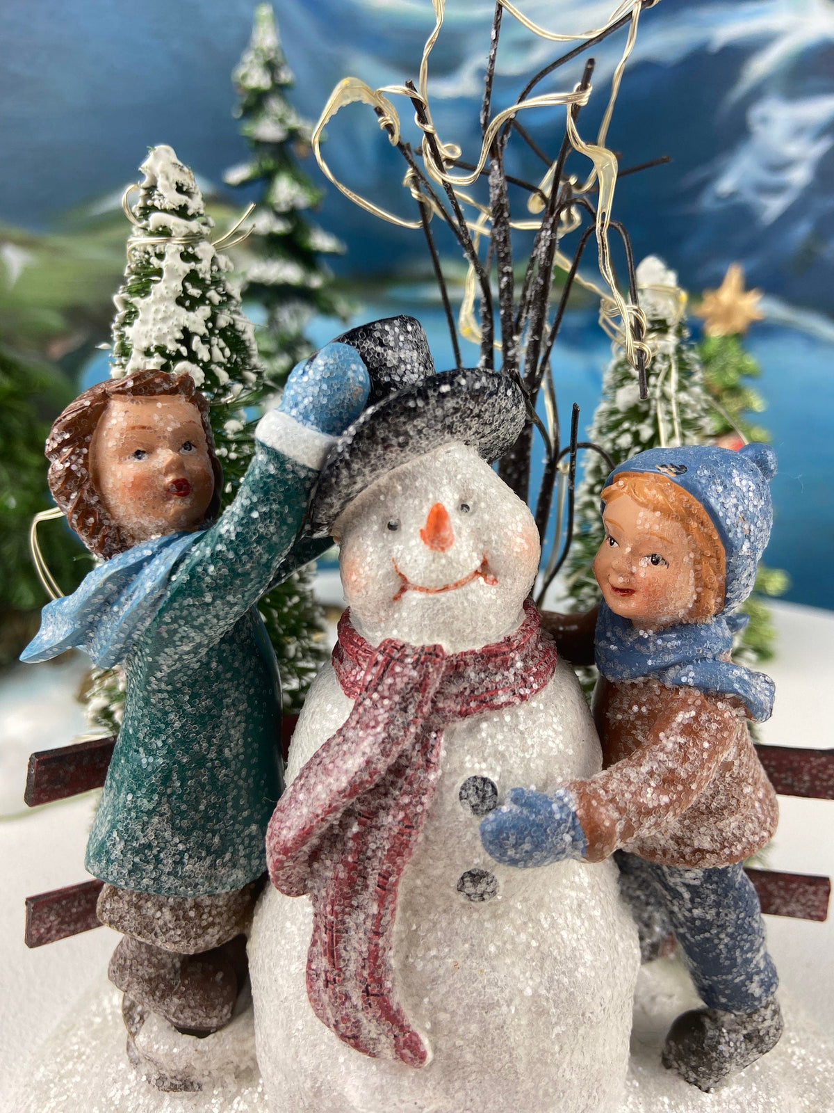 Christmas Village Accessories. Dressed Christmas Trees by Nikko, Korea. Girl Figurine by Lefton. Set of Two Trees and Little Girl.