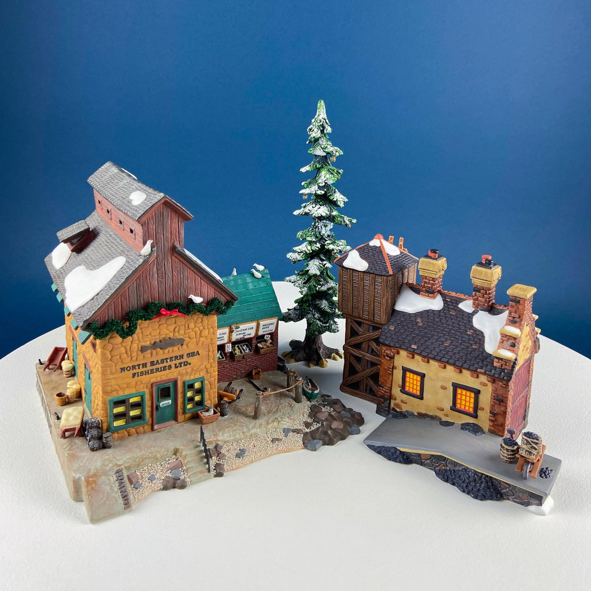 Christmas Village 2 Bldg. Complex North Eastern Sea Fisheries. Illuminated Porcelain Houses. Incredible Hand Painted Detail.