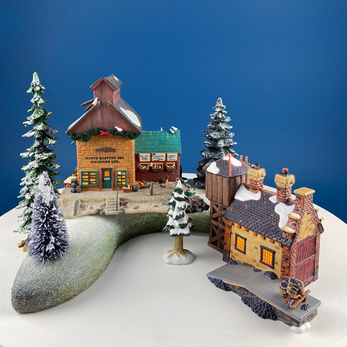 Christmas Village 2 Bldg. Complex North Eastern Sea Fisheries. Illuminated Porcelain Houses. Incredible Hand Painted Detail.