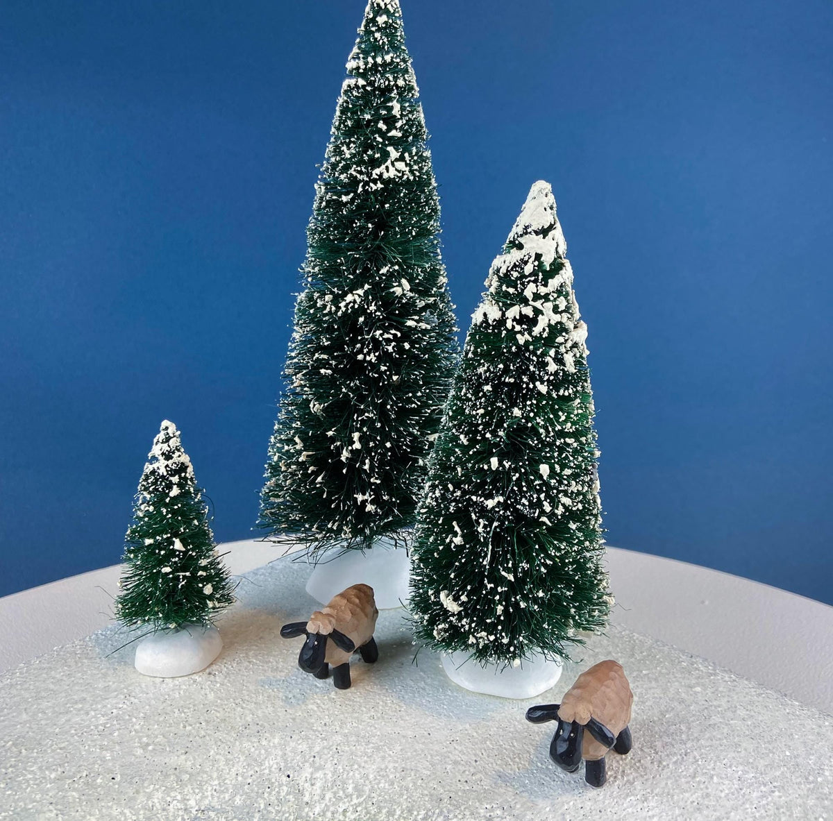 Christmas Village Collection of Small Illuminated Houses. Set of 4 Bldgs: Mill, 2 Churches, Train St., Council Offices, 2 Sheep and 3 Pines.