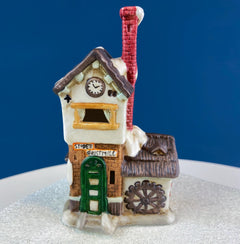 Christmas Village Collection of Small Illuminated Houses. Set of 4 Bldgs: Mill, 2 Churches, Train St., Council Offices, 2 Sheep and 3 Pines.