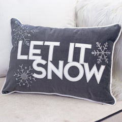 Gray Velvet Lumbar Throw Pillow with Snowflake Embroidery - 14x20