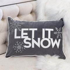 Gray Velvet Lumbar Throw Pillow with Snowflake Embroidery - 14x20