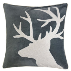 Holiday Reindeer Velvet Accent Pillow with White Appliqué - Gray and White