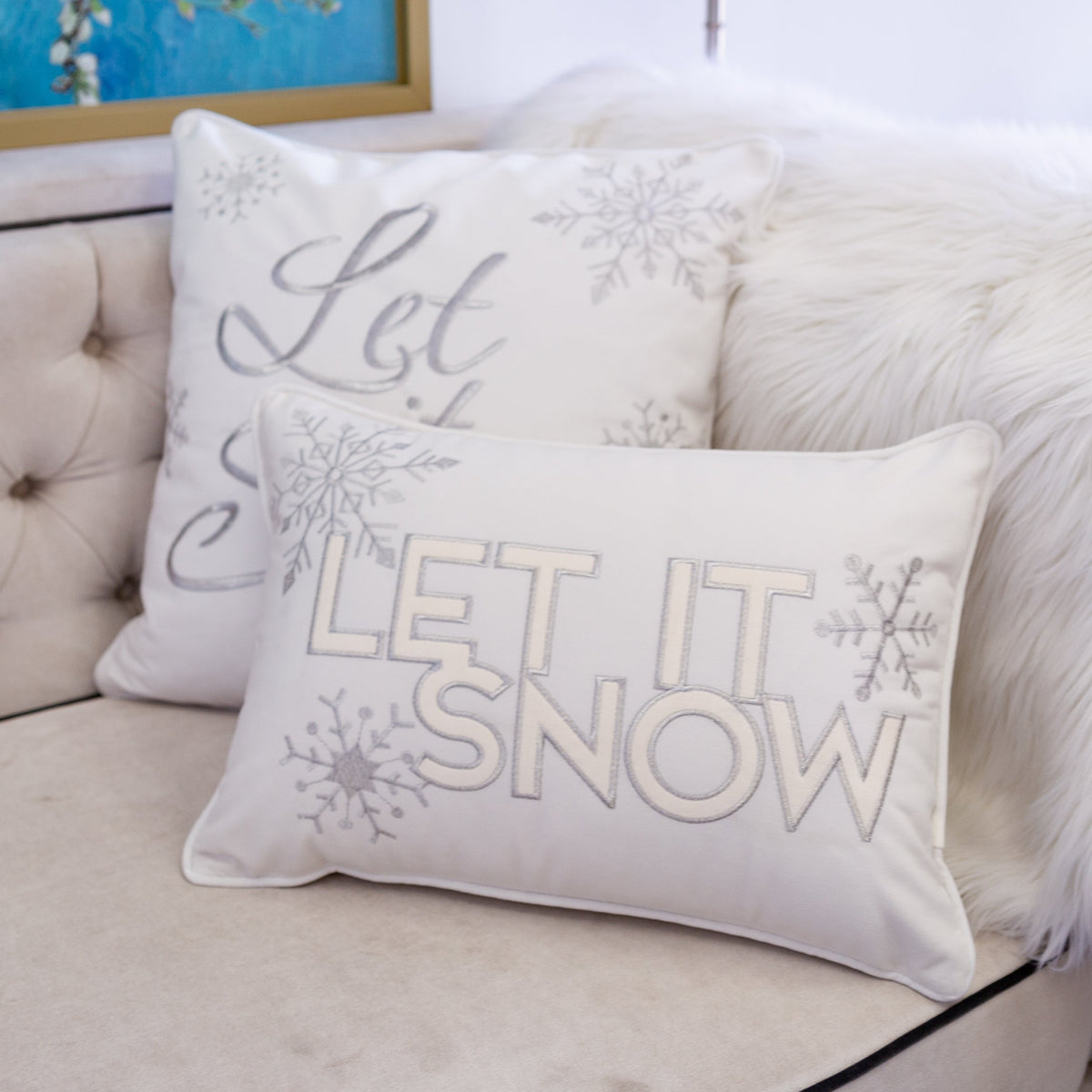 Ivory Velvet Lumbar Pillow with Embroidered 'Let It Snow' and Insert - 14x20