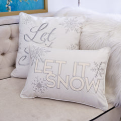 Ivory Velvet Lumbar Pillow with Embroidered 'Let It Snow' and Insert - 14x20