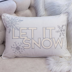 Ivory Velvet Lumbar Pillow with Embroidered 'Let It Snow' and Insert - 14x20