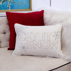 Ivory Velvet Lumbar Pillow with Embroidered 'Let It Snow' and Insert - 14x20