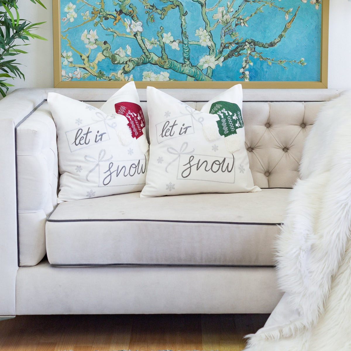 Let It Snow Christmas Throw Pillow with Embroidery - Cotton