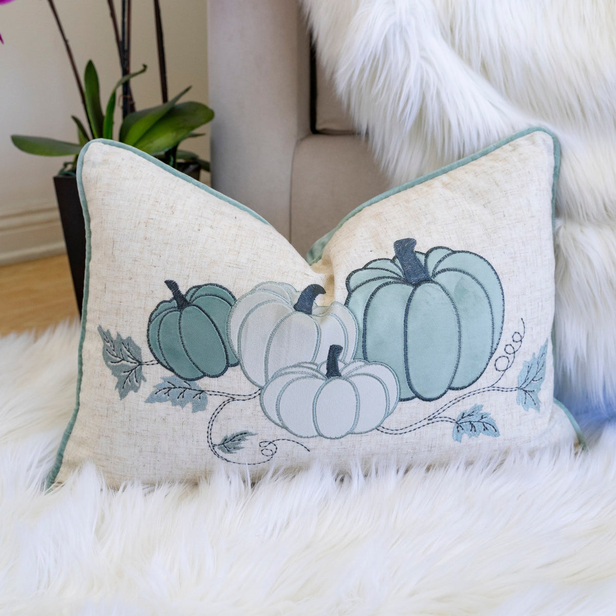 Pastel Harvest Lumbar Pillow with Embroidered Fall Accents – Misty Blue
