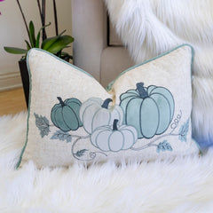 Pastel Harvest Lumbar Pillow with Embroidered Fall Accents – Misty Blue