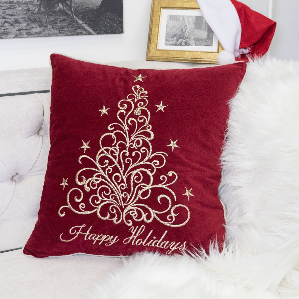 Red Velvet Holiday Pillow with Gold Embroidery - Red