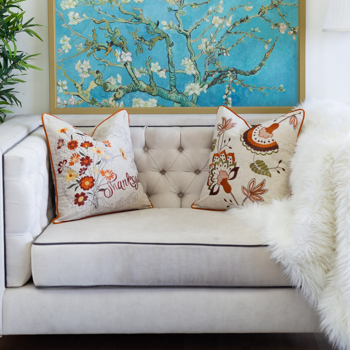 Thanksgiving Embroidered Floral Throw Pillow with Fall Floral Embroidery - Autumn Colors