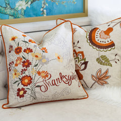 Thanksgiving Embroidered Floral Throw Pillow with Fall Floral Embroidery - Autumn Colors