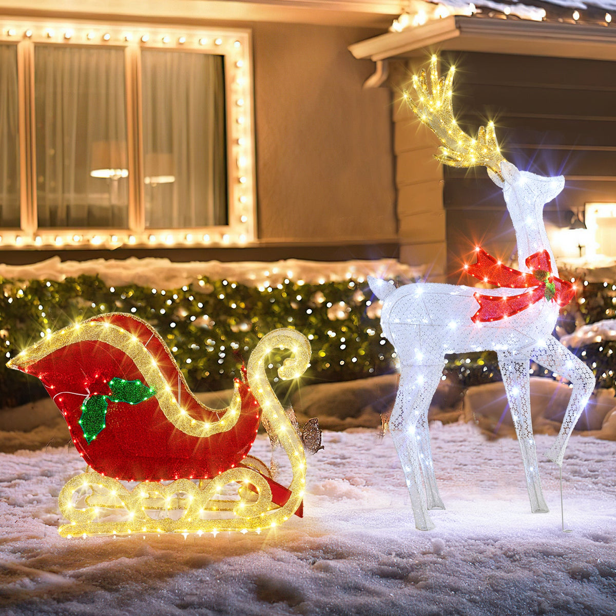 LED Lighted Christmas Reindeer and Santas Sleigh