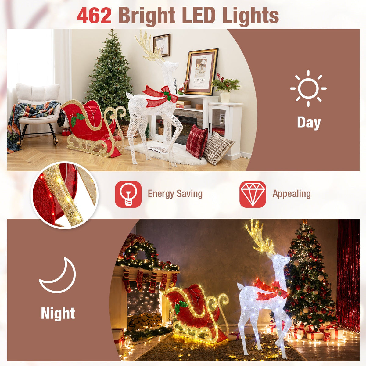 LED Lighted Christmas Reindeer and Santas Sleigh