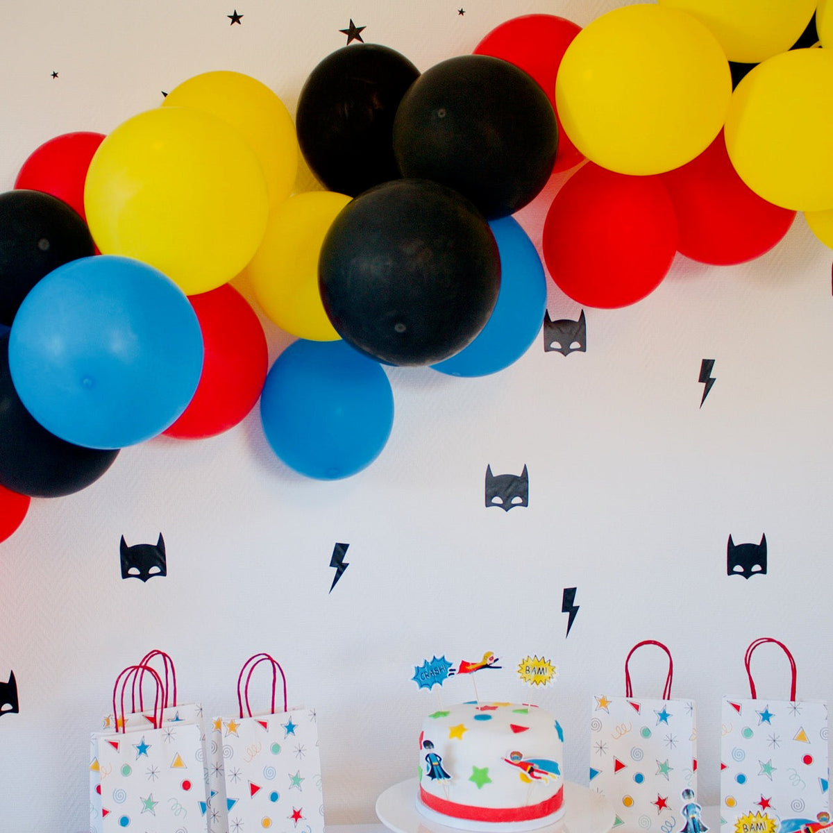 Superhero Balloon Garland Kit – Black, Yellow, Red & Blue (50+ Pack)
