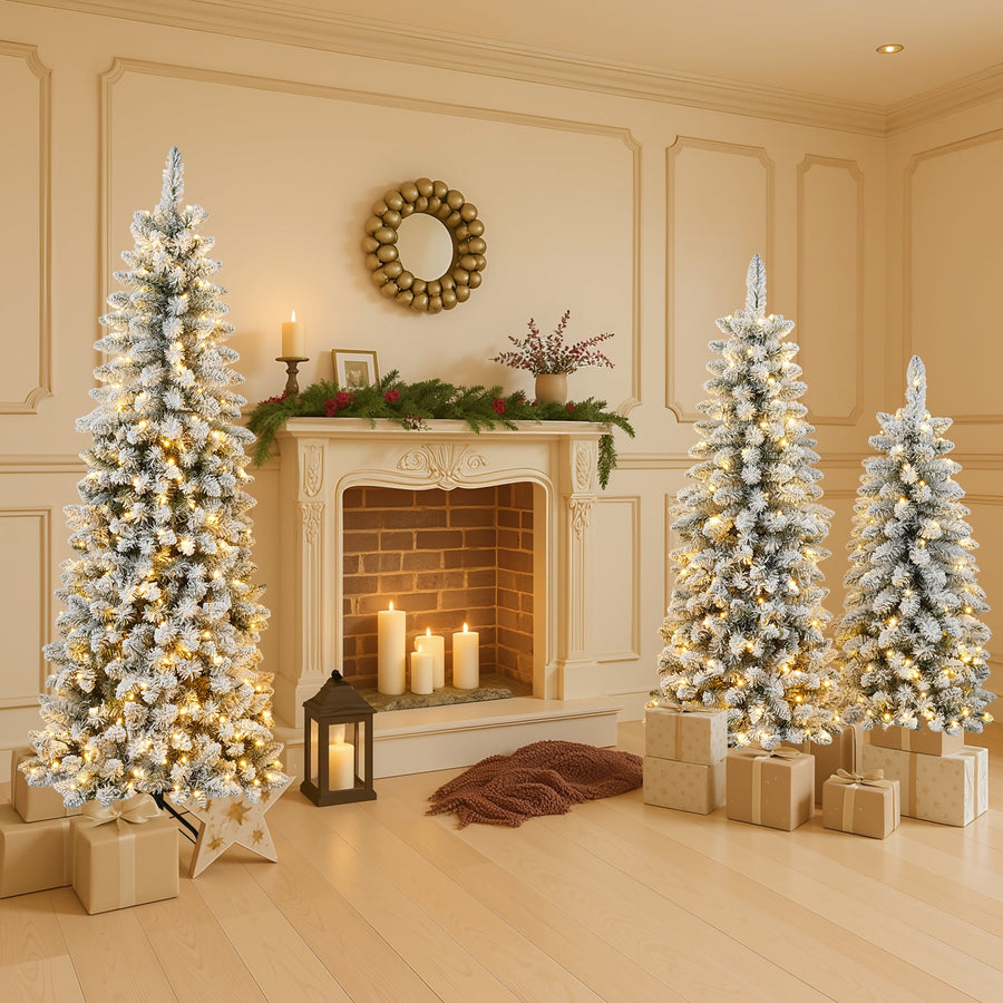 3 Pcs Flocked Artificial Christmas Tree Set with Lights, 4ft 5ft 6ft Christmas Snow Tree Set, Christmas Decor