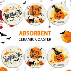 Bribay Halloween Pumpkin Cat Coasters Set of 6 Ceramic Stone Mat Cork Base