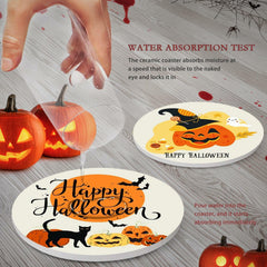 Bribay Halloween Pumpkin Cat Coasters Set of 6 Ceramic Stone Mat Cork Base