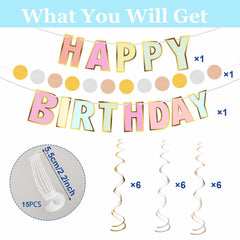 Pastel Happy Birthday Banner Macaron Garland 18pcs Rainbow Colors Decor