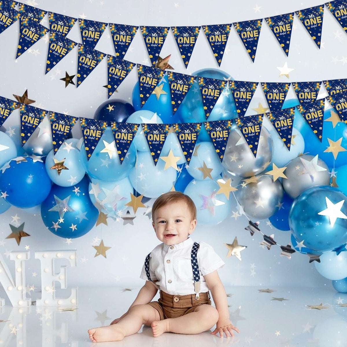 Mr. Onederful 1st Birthday Boy Triangle Banner Blue Party Decorations