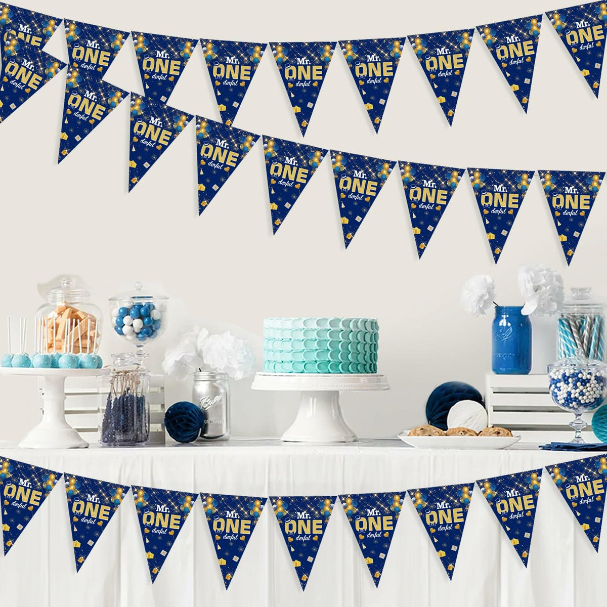 Mr. Onederful 1st Birthday Boy Triangle Banner Blue Party Decorations