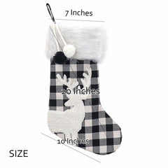 USILAND Christmas Stocking 20in Buffalo Check Pom Pom Faux Fur Black White