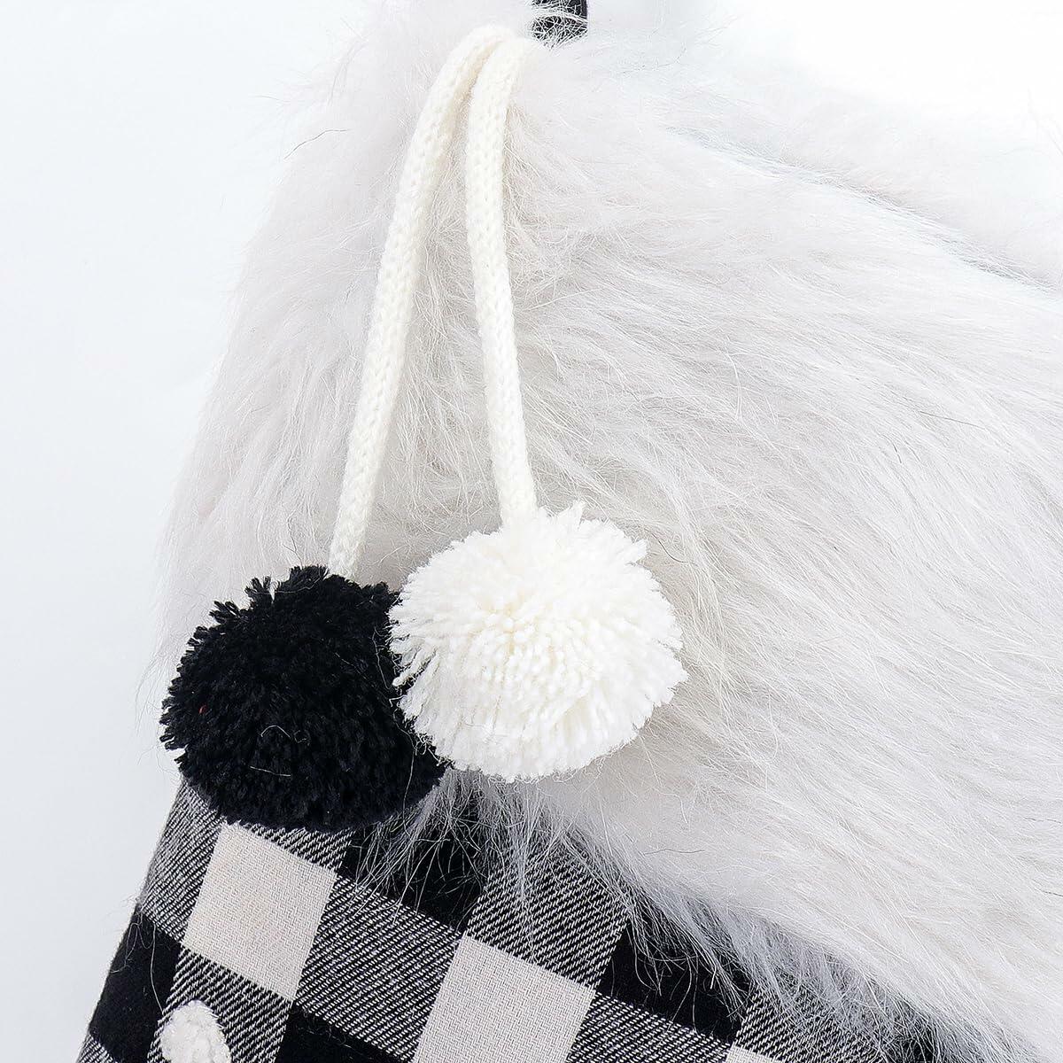 USILAND Christmas Stocking 20in Buffalo Check Pom Pom Faux Fur Black White