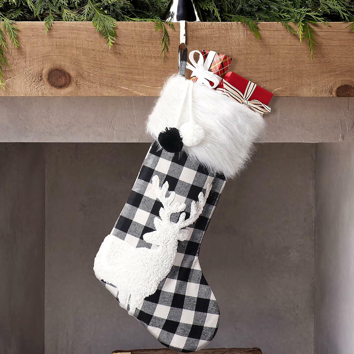 USILAND Christmas Stocking 20in Buffalo Check Pom Pom Faux Fur Black White